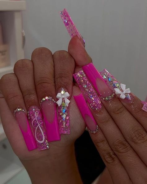 Pink Bling Nails, Girly Acrylic, Hot Pink Nails, Long Acrylic Nail Designs, Colored Acrylic Nails, Cute Acrylic Nail Designs, Dope Nail Designs, London Ontario, Long Acrylic Nails Coffin