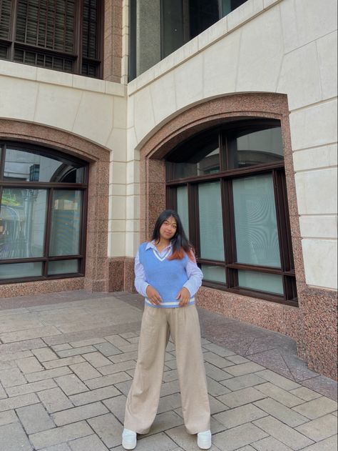 This is one of my favourite outfit. I suddenly started to like sky blue, so I wanted to wear an sky blue outfit. I didn't expected to be very obsessed with my own outfit! Sky Blue Pants Outfit, Blue Pants Outfit, Sky Blue Outfit, Knitted Blouse, Obsessed With Me, 2024 Trends, Blue Outfit, Outfit Combinations, Blue Pants