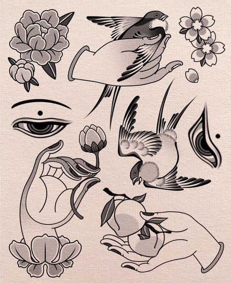 Tattooo • Instagram Small Irezumi Tattoo, Asian Flash Tattoo, Japanese Flash, Flashes Tattoo, Simple Spooky Tattoos, Ornamental Design, Potted Plant Tattoo, Japanese Style Flash Tattoos, Japanese Traditional Flash