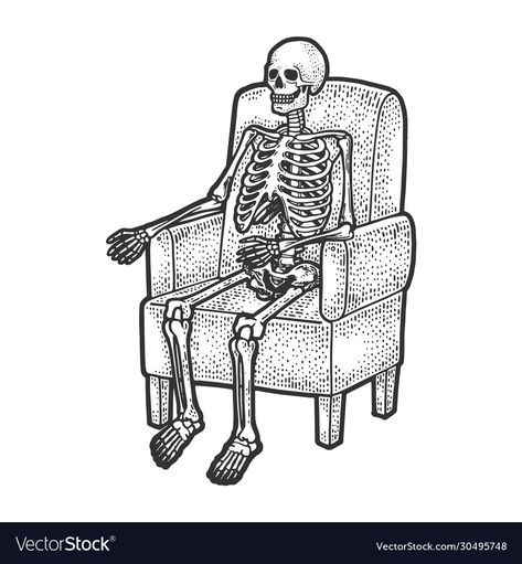 Armchair Sketch, Sitting Down Drawing, Drawing Sitting, Skeleton Drawing, Skeleton Drawings, Skeleton Illustration, Stick N Poke Tattoo, Black Armchair, Human Skeleton