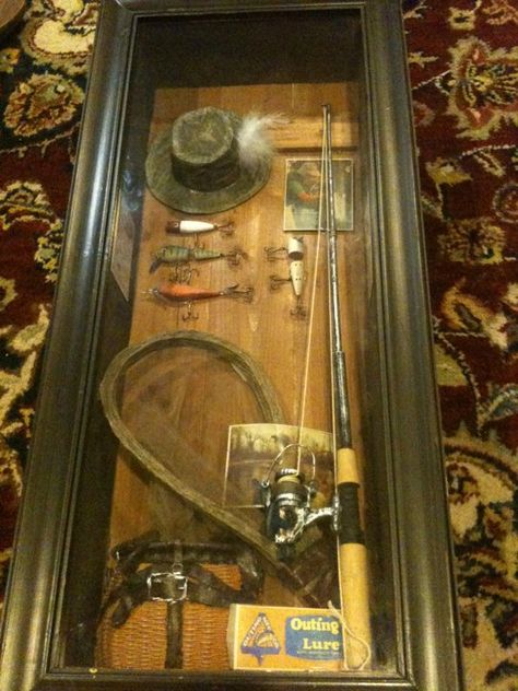 fishing shadow box Fishing Shadow Box Ideas, Manly Decorations, Fly Fishing Shadow Box Ideas, Vintage Tackle Box Ideas, How To Display Old Fishing Lures, Shadow Box For Fishing Lures, Fishing Picture Frames, Lure Display, Outdoors Office