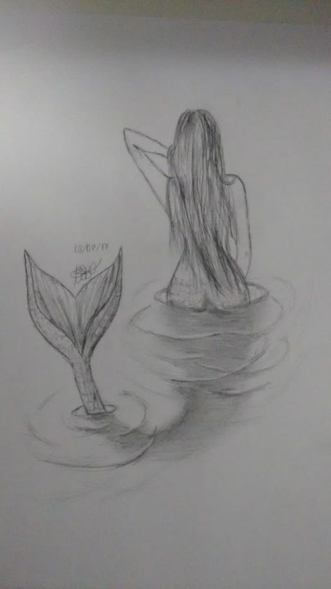 Mermaid Tail Coming Out Of Water Drawing, Aesthetic Mermaid Drawing, Drawing Ideas Mermaid, Woman In Water Drawing, Mermaid Sketch Simple, Mermaid Tale Drawing, Drawing Mermaid Sketches, Magical Sketches, How To Draw A Mermaid