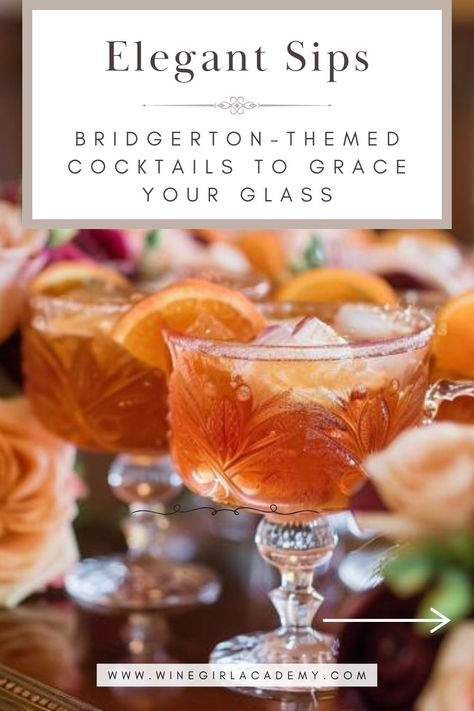 Step back in time with our collection of classic Regency-era cocktails inspired by Bridgerton. Perfect for adding a historical twist to any festive occasion!🥂 Get all the recipes and learn about each one on our blog post. If you love history and entertaining, you'll love it! ❤️ Regency Era Food Recipes, Bridgerton Party Drinks, Bridgerton Inspired Cocktail, Bridgerton Cocktail Recipes, Bridgerton Themed Cocktails, Regency Era Recipes, Themed Cocktail Night Ideas, Bridgerton Drink Ideas, Bridgington Party