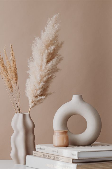 Modern Beige Abstract Donut Vase Boho Vases, Vase For Pampas, Circle Vase, Desk Flowers, Donut Vase, Organic Living Room, Grass Flowers, Boho Vase, Christmas Vases