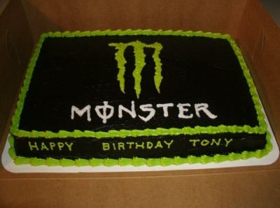 Monster Logo cake By ibcindylouwho on CakeCentral.com Monster Drink Cake Ideas, Monster Drink Cake, Birthday Cake Designs For Men, Monster Energy Cake, Cake Designs For Men, Birthday Ideas Nyc, Happy Birthday Tony, Monster Cakes, Monster Room