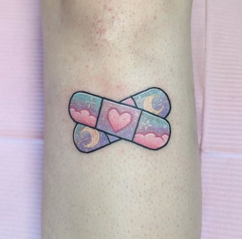 Band Aid Tattoo, Tattoo Knee, Pastel Tattoo, Tattoo Over Scar, Garter Tattoo, Tattoo Band, Flash Designs, Pink Tattoo, Scar Tattoo