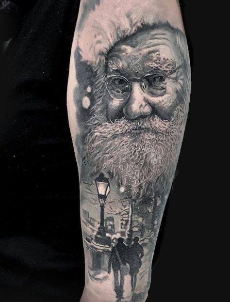 Rocking black and white Santa tattoo Sketchy Tattoo, Scene Tattoo, Christmas Tattoo, Tattoo Care, Large Tattoos, Best Tattoo Designs, Tattoo Supplies, Small Tattoo Designs, Tree Tattoo