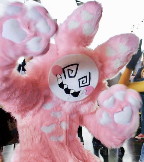 Bunny Fursuit Head, Kidcore Fursuit, Pink Fursona, Cute Fursuits, Cool Fursuits, Fursuit Tutorial, Dragon Puppet, So Creative, Anime Oc