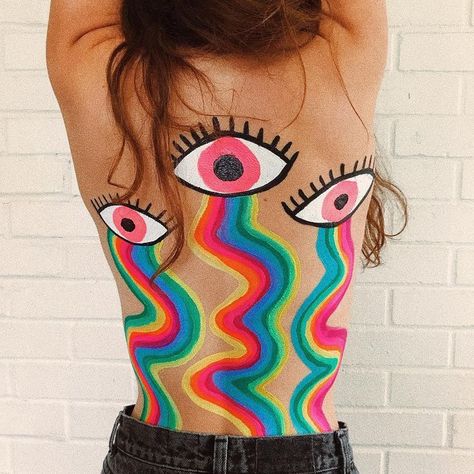 Rainbow Bleeding Eyes - Back Body Paint Body Painting Festival, Leg Painting, Back Painting, Back Art, Trippy Art, Dark Fantasy Art, Art Paint, Black Art, Body Painting