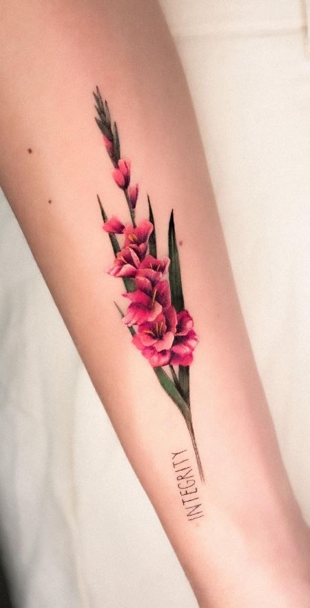 Gladiolus Butterfly Tattoo, August Flower Tattoo Gladioli, Gladolias Tattoo, Colourful Flower Tattoos For Women, Red Gladiolus Tattoo, Neo Traditional Gladiolus Tattoo, Gladioli Flower Tattoo, Pink Gladiolus Tattoo, Gladiola Flower Tattoo