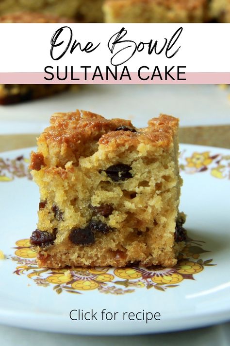 a piece of sultana cake on a plate ready for eating 3 Ingredient Fruit Cake Recipe, Sultana Cake, Fruit Cake Recipe Easy, Almond Cake Recipe, Quick Cake, Tray Bake Recipes, Fruitcake Recipes, Cake Baking Recipes, Homemade Cake Recipes