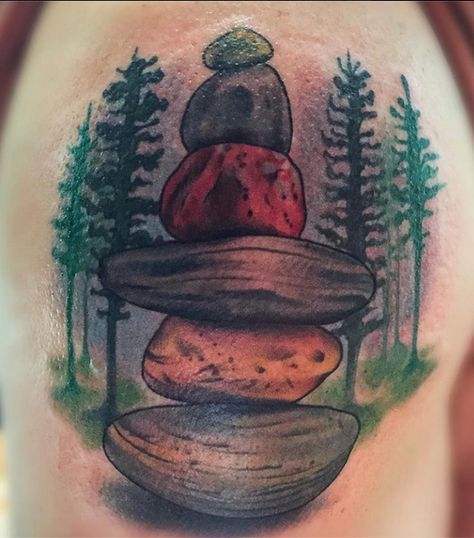 Stacking rocks tattoo by artist Em Becker #tattoo #tattooart #tattooartist #inkart #art #bodyart #tattoos #tattooinspiration #tattooideas Rock Tattoo Nature, Rocks Tattoo, Stacking Rocks, Rock Tattoo, City Tattoo, Cross Tattoo, Hand Tattoo, Nature Tattoos, Piercing Tattoo