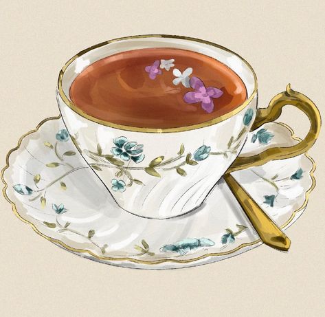 Vintage Tea Cup Drawing, Coffee Cup Drawing Aesthetic, Tea Cup Photography, Cup Of Tea Drawing, Genshin Food, Teacup Illustration, Tea Drawing, Tea Cup Drawing, Coffee Cup Drawing