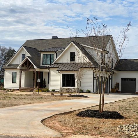 Julie | Farmhouse On Waters on Instagram: “Thought I’d share a few pics of the front of our house. I don’t normally show this angle but thought since there were no cars in the…” 2 Story Craftsman House Plans, 2 Story Craftsman, Home Work Space, Stick Frame, Shed Dormer, Masonry Wall, Dream Barn, Craftsman House Plan, Family Dining