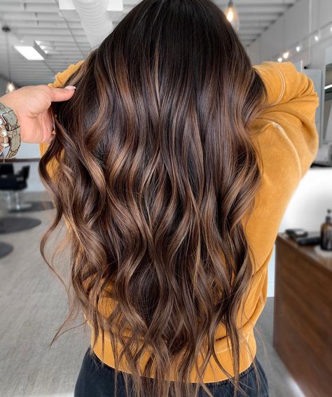 Brunette 2024, Highlights For Dark Hair, Carmel Balayage, Brown Balayage Hair, Fall Balayage, Spring Hair Color Trends, Summer Hair Color Ideas, Sweet Expression, Highlights For Dark Brown Hair