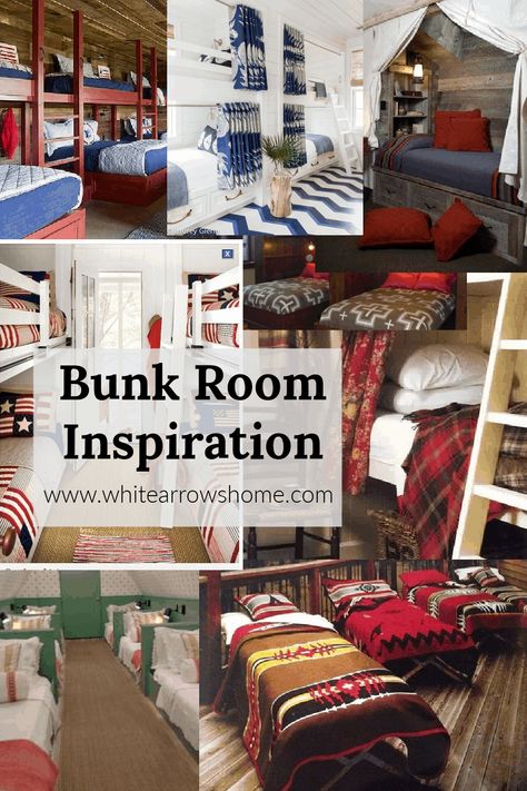 Bunk Room Inspiration Round Up of Ideas Bunkbed Decor, Bunkhouse Ideas Guest Cabin, Bunk House Cabin, Cabin Bunk Room, Lake House Bunk Rooms, Bunk Bed Decor, Bunkie Ideas, Frog Ideas, Bunk Room Ideas