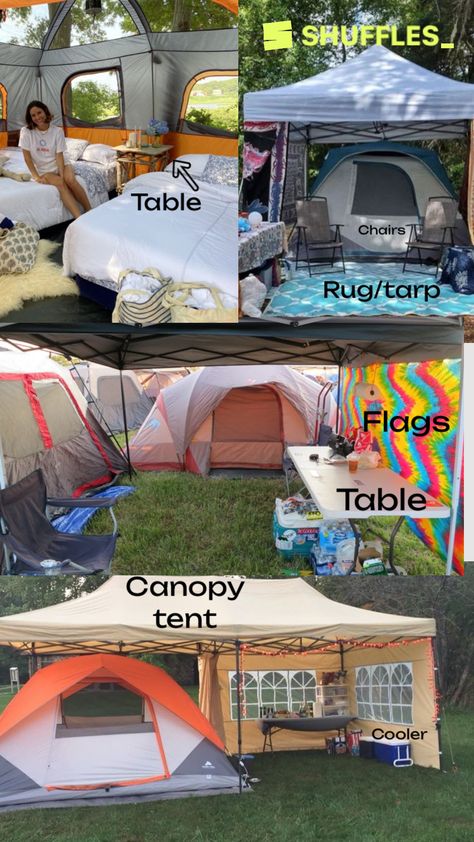 Camping Setup Ideas Campsite, Camping Setup Ideas, Festival Camping Setup, Tents Camping Glamping, Camping Setup, Music Festival Camping, Camping Cabin, Camping Hacks Diy, Camping Set Up