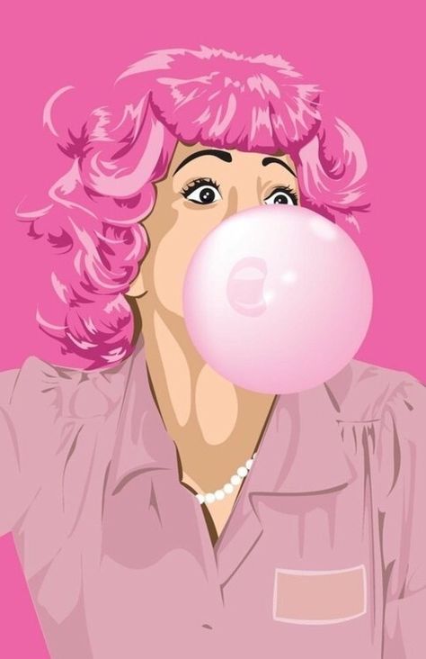 Frenchy from Grease blowing a bubble with pink bubble gum art Beauty School Dropout, Richard Hamilton, Grease Movie, Art Beat, Jasper Johns, I Believe In Pink, School Dropout, Roy Lichtenstein, Blowing Bubbles