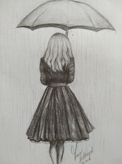 Rain Drawing Sketches, How To Draw Rain, Rain Sketch, Girl With Umbrella Drawing, Drawing Rain, Rain Poems, Girl In Rain Drawing, Girl In Rain, Umbrella Drawing