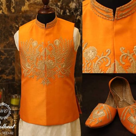 Mehndi Groom, Orange Waistcoat, Wedding Dress Orange, Marriage Saree, Purple Waistcoat, Muslim Men Clothing, Pins On Denim Jacket, Embroidered Waistcoat, Ceremony Outfit