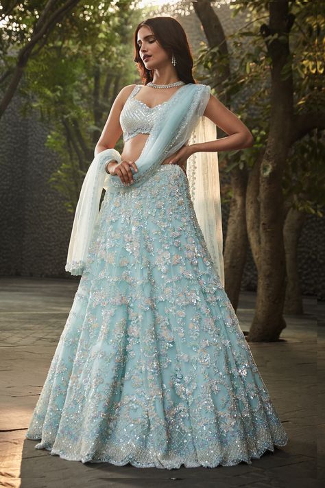 Seema Gujral Lengha, Aza Lehenga, Lengha Inspiration, Baby Blue Lehenga, Lehnga Designs Indian Weddings, Indian Wedding Outfits Sisters, Aesthetic Lehenga, Sky Blue Lehenga, Ciel Black Butler