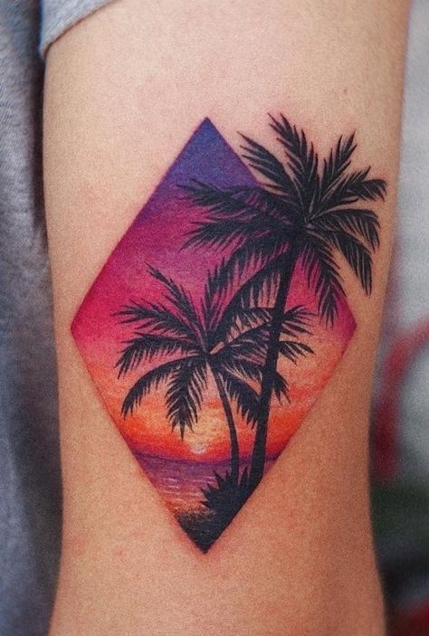 Beach Sunset Tattoo Watercolor, Palm Tree With Flowers Tattoo, Palm Tree Sunset Tattoo Design, Sunrise Beach Tattoo, Sunset Back Tattoo, Palm Tree And Sunset Tattoo, Watercolor Sunset Tattoo, Sunset Tattoo Color, Sunset Beach Tattoo