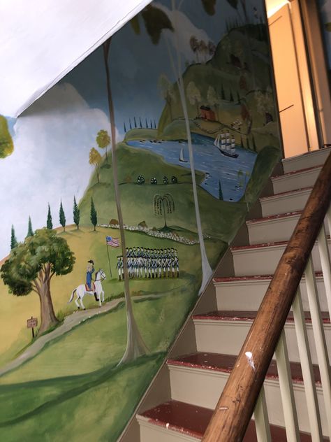 Storybook Mural, Stairwell Mural, Bathroom Mural, Wall Murals Diy, Mural Stencil, Primitive Walls, Entryway Inspiration, Country Bathroom, Custom Murals