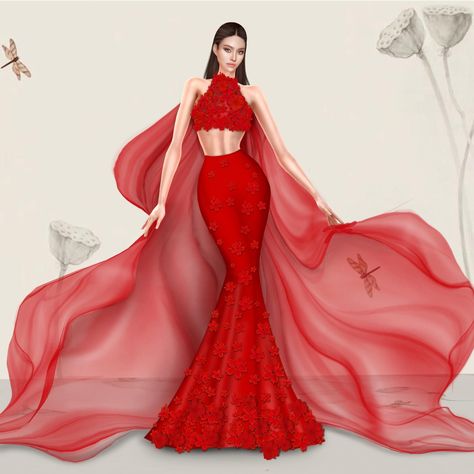 Red Gown Illustration, Met Gala Dresses Gowns, Iconic Red Carpet Looks, Red Combination, Fashion Illustration Poses, Met Gala Dresses, Robes Glamour, Fashion Design Books, Fashion Illustrations Techniques