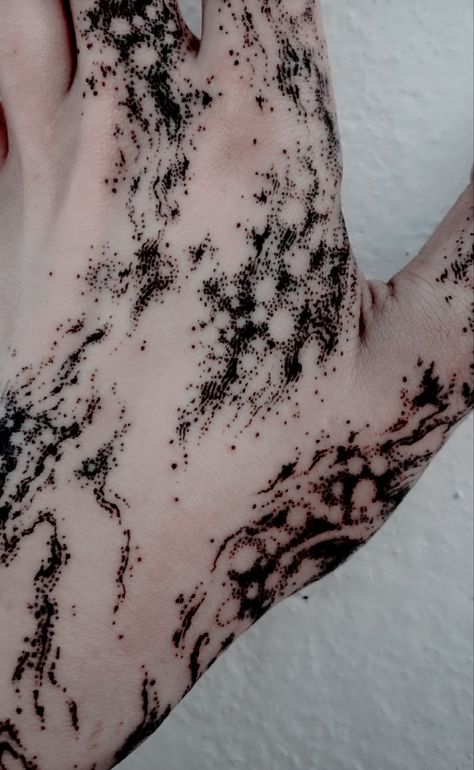 Black Markings On Skin, Fantasy Hand Tattoo, Textured Tattoos, Shatter Tattoo, White Hand Tattoo, Ink Spill Tattoo, Scratchy Tattoo, Pointilism Tattoos, Claw Mark Tattoo