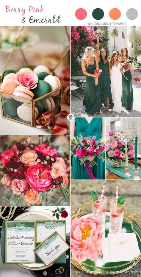 Top 7 Bright and Fresh Spring Color Palettes--cheery pink and emerald, wedding centerpieces, wedding bouquets, watercolor wedding invite. Spring Wedding Outfit, Wedding Color Schemes Spring, Fall Wedding Color Schemes, Wedding Color Scheme, Pink Wedding Colors, Emerald Green Weddings, Spring Color Palette, Centerpieces Wedding, Spring Wedding Colors