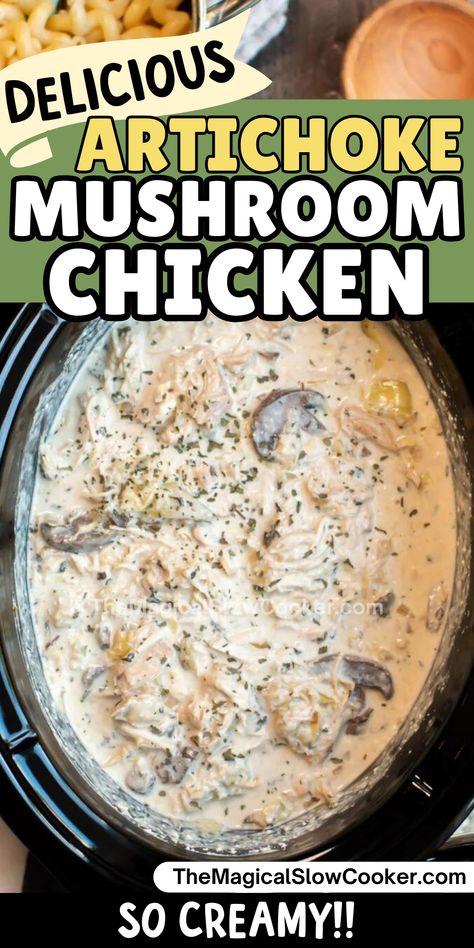 Creamy Artichoke and Mushroom Chicken is a wonderful recipe to try in the slow cooker, serve or rice or noodles. #crockpot #slowcooker #artichokes #chickenrecipes Chicken Mushroom Rice Crockpot, Chicken Mushroom Crockpot Recipes Easy, Crockpot Chicken Gluten Free, Chicken And Mushroom Crockpot, Chicken Mushroom Crockpot, Slow Cooker Artichoke, Chicken Artichoke Recipes, Noodles Crockpot, Dinner With Mushrooms