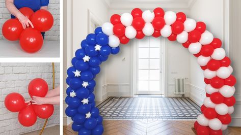 Patriotic Balloon Decorations, Veterans Day Balloon Arch, Patriotic Balloon Arch, Balloon Arch Tutorial, Patriotic Balloons, Balloon Arch Ideas, Balloon Projects, Balloon Decorations Diy Tutorials, Balloon Arch Diy