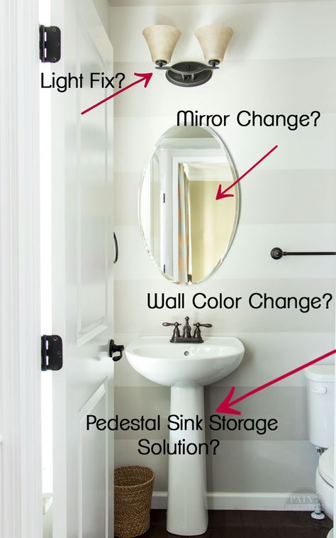 Half Bathroom Makeover, Powder Room Storage, Powder Bathroom Ideas, Half Bath Makeover, Tiny Half Bath, Half Bath Decor, Small Half Bathroom, Small Half Bath, Pedestal Sink Bathroom