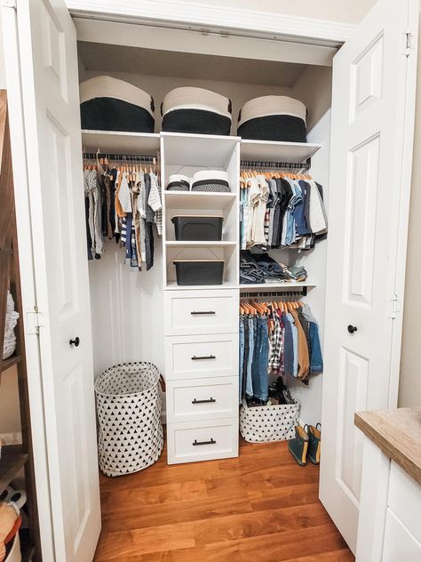 Closet Maid Organization, Closet Maid Closets, Toddler Boy Closet, Closetmaid Closet System, Boy Closet Organization, Small Kids Closet, Baby Boy Closet, Nursery Closet Ideas, Kids Closet System