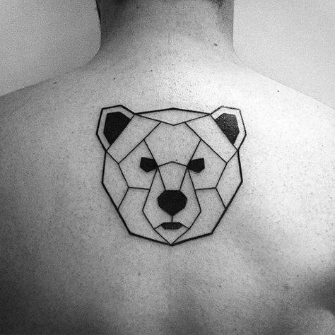 Small Simple Mens Geometric Bear Upper Back Tattoo                                                                                                                                                                                 More Geometric Bear Tattoo, Berg Tattoo, Small Wave Tattoo, Bear Tattoo Designs, Upper Back Tattoos, Geometric Bear, Bear Tattoos, Simple Tattoo Designs, Geometric Tattoo Design