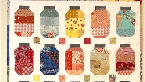 Quilt Jar Block From Fabric Scraps Jar Quilt, Quilting Accessories, Quilt Videos, Quilting Videos, Spring Quilts, Quilt Block Patterns Free, Quilt Square Patterns, Scrap Quilt Patterns, Canning Jar