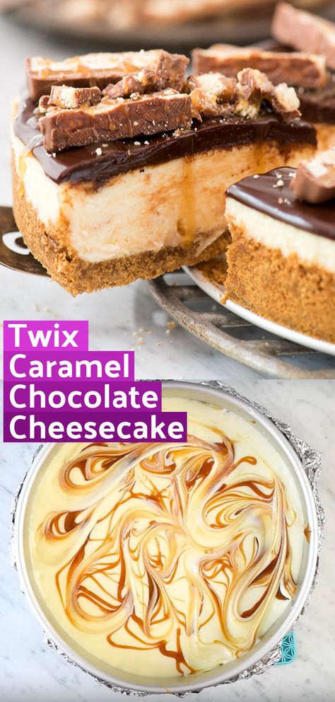 Desserts With Chocolate And Caramel, Caramel Chocolate Cheesecake Recipes, Candy Cheesecake Recipes, Candy Bar Cheesecake Recipes, Fall Cheesecakes, Candy Bar Cheesecake, Caramel Swirl Cheesecake, Twix Cheesecake Recipe, Cheesecake With Caramel Sauce