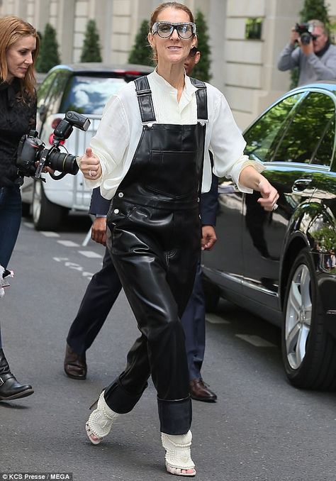 Fancy footwear: The one-piece pulled into chunky buckled straps and nipped in at her waist... Leather Dungarees, Celebs Outfits, Leather Overalls, Hermes Leather, Fancy Footwear, Celine Fashion, Jumpsuit Overalls, Leather Jumpsuit, Womens Jumpsuits