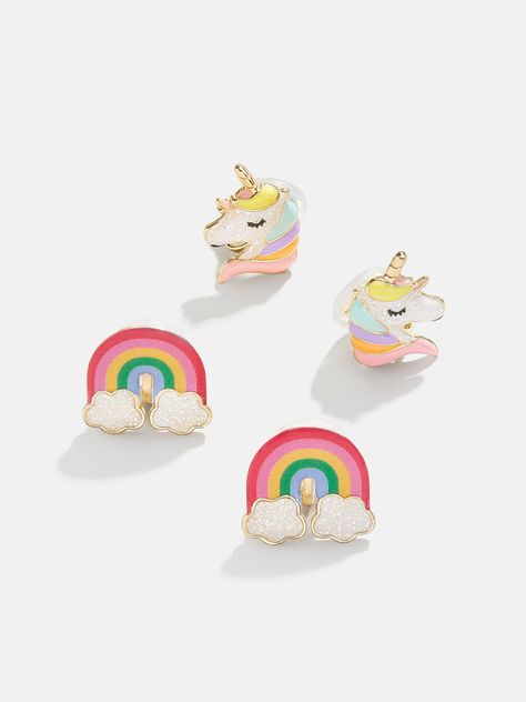 A reminder of all of their favorite things, the Rainbows and Unicorns Kids' Earring Set is sure to make them smile. This set comes complete with one set of unicorn earrings and one set of rainbow earrings. Please note: intended for children 3+ Kid Earrings, Unicorn Hair Clip, Unicorn Things, Kids Studs, Rainbows And Unicorns, Earrings For Kids, Earrings Kids, Kids Jewellery, Jewelry Kids