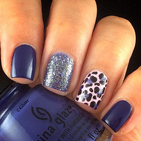 February March Nails Ideas, Squoval Nails Design Spring, Blue Nail Art Designs, Dark Blue Nails, Blue Glitter Nails, Blue Nail Art, Purple Nail, Print Nails, Leopard Nails