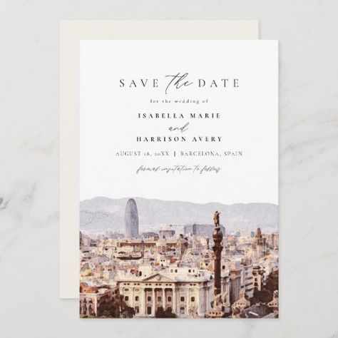 Barcelona Spain Skyline Destination Save The Date Invitation #zazzle #weddinginvitations #birthdayinvitations #babyshowerinvitations #zazzleinvitations #monogram #businesscards #graduation #homedecor Destination Wedding Save The Date Ideas, Wedding Save The Date Ideas, Destination Save The Date, Destination Wedding Save The Date, Palm Wedding, Invitation Examples, Barcelona Wedding, Date Invitation, Belly Band Invitation