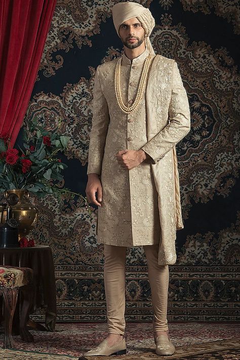 Gold Embroidered Sherwani Set Design by Rachit Khanna Men at Pernia's Pop Up Shop 2022 Indian Groom Wear Wedding Sherwani, Indian Groom Wear Wedding, Rachit Khanna, Men Sherwani Wedding Indian Groom, Groom Indian Wedding Outfits, Indian Wedding Clothes For Men, Beige Embroidery, Sherwani For Men Wedding, Wedding Kurta For Men