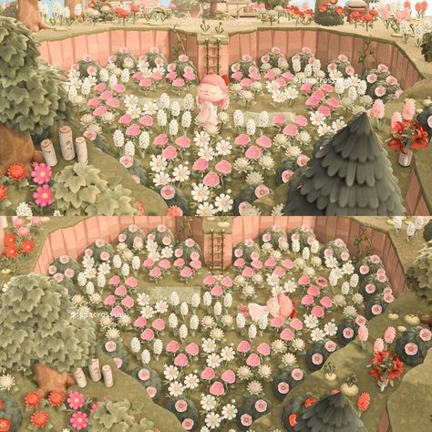 Rose Garden Animal Crossing, Acnh Fairy Garden Ideas, Rose Garden Acnh, Acnh Springcore Villagers, Flower Paths Acnh, Acnh Pink Springcore, Acnh Flower Ideas, Animal Crossing Rose Garden, Acnh Rose Garden