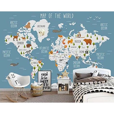 GK Wall Design Blue World Map Wall Mural Cartoon Animal Textile Wallpaper & Reviews | Wayfair Map Wall Mural, Kids World Map, Textile Wallpaper, Adventure World, Blue World, World Map Wallpaper, Textile Wall Art, Map Wallpaper, World Map Wall