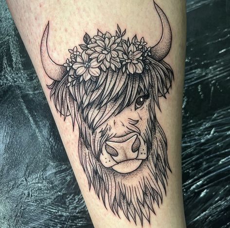 Cow Tattoo Sleeve, Highland Calf Tattoo, Cow Face Tattoo, Highlander Cow Tattoo, Highland Cow Tattoo With Flowers, Highland Cow Tattoo, Cowgirl Tattoos, Cow Tattoo, Cowgirl Accessories