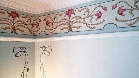 Art Nouveau Stencil Border, Painted Wall Borders, Italian Mural, Grandmacore House, Wallpaper Frieze, Stenciled Walls, Rococo Interior, 15 Wallpaper, Ali Raza