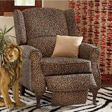 Microfiber Wingback Recliner, , large Leopard Print Chair, Animal Print Chair, Animal Print Furniture, Wingback Recliner, Leopard Chair, Country Doors, Classic Room, Animal Print Decor, Leather Wingback