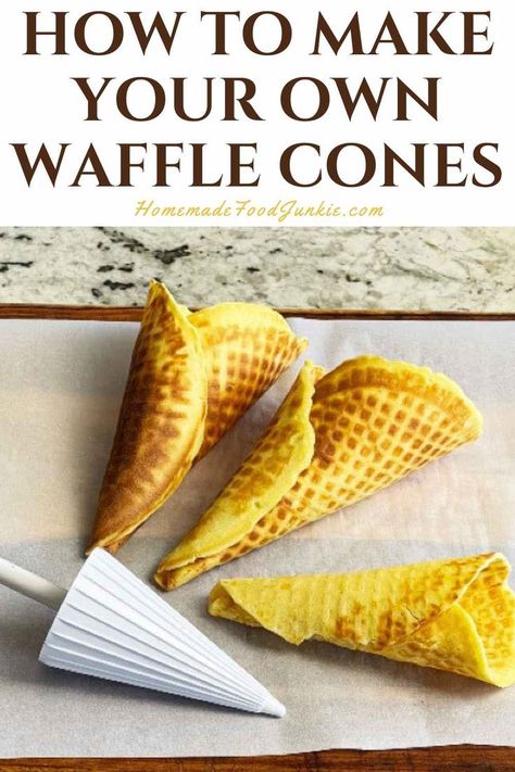 How to make your own waffle cones-pin image Matcha Waffles, Smoothie Supplements, Homemade Waffle, Waffle Cone Recipe, Waffle Cone Maker, How To Make Waffles, Waffle Ice Cream, Ice Cream Maker Recipes, Chocolate Waffles