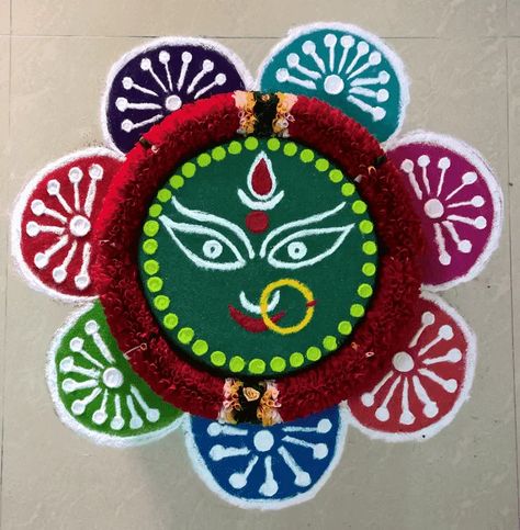 Durga Rangoli Design Images (Durga Rangoli Kolam Ideas) Laxmi Mata Rangoli Designs, Mataji Rangoli Design, Chaudas Rangoli, Kali Chaudas Rangoli, Durga Rangoli, Rangoli Idea, Shakthi Devi, Mata Durga, Pongal Rangoli