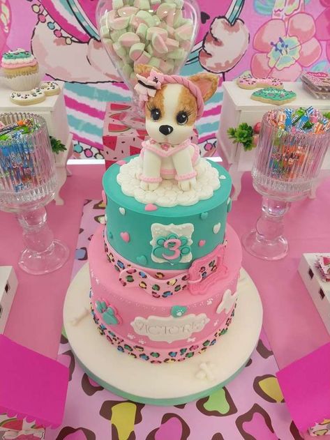 Just how adorable is the birthday cake at this puppy dog themed birthday party?! Love the fondant puppy topper!! See more party ideas and share yours at CatchMyParty.com  #catchmyparty #partyideas #puppydogbirthdayparty #puppydogbirthdaycake Dog Themed Birthday Party Cake, Birthday Cake Puppy Theme, Puppies Birthday Party Theme, Cat And Dog Themed Birthday Cake, Puppy Party Birthday Cake, Dog Themed Birthday Party Ideas Cake, Puppy Themed Birthday Party Girl, Dog Birthday Cake For Kids, Puppy Cakes For Girls Birthday